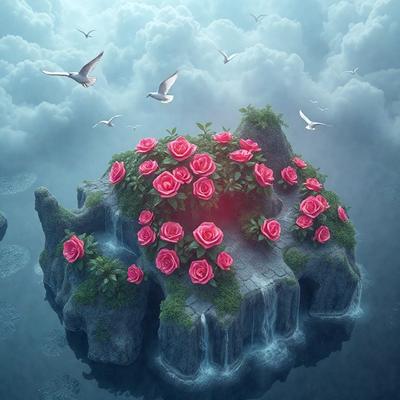 The primary subject of the image is a rocky island with a beautiful garden of pink flowers. The setting is a cloudy sky, and the visual style is a digital art illustration. The dominant colors are pink and white, creating a serene and peaceful atmosphere.